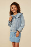 GY8759 Light Denim Girls Exaggerated Ruffle Collar Denim Jacket Front 2