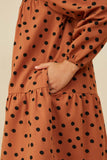 GY8764 Camel Girls Contrast Peter Pan Collar Polka Dot Dress Detail