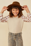 GY8765 Taupe Girls Mix Media Textured Floral Sleeve Top Front