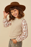 GY8765 Taupe Girls Mix Media Textured Floral Sleeve Top Side