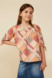 Quilt Print Square Neck Tie Sleeve Top