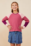 GY8769 Pink Mix Girls Color Block Ribbed Knit Long Sleeve Top Front