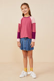 GY8769 Pink Mix Girls Color Block Ribbed Knit Long Sleeve Top Pose