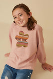 GY8770 Pink Girls Contrast Floral Patched Textured Stripe Knit Top Front