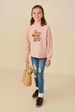 GY8770 Pink Girls Contrast Floral Patched Textured Stripe Knit Top Pose