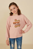 GY8770 Pink Girls Contrast Floral Patched Textured Stripe Knit Top Front 2