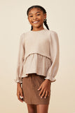 GY8777 Taupe Girls Mix Media Ribbed Knit Twofer Top Front