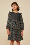 GY8778 Charcoal Girls Mix Media Floral Twofer Ruffle Dress Front