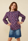 GY8785 Purple Girls Floral Print Scalloped Ruffle Twill Top Front