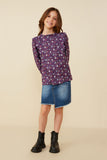 GY8785 Purple Girls Floral Print Scalloped Ruffle Twill Top Pose