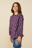 GY8785 Purple Girls Floral Print Scalloped Ruffle Twill Top Side