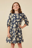 GY8813 Navy Girls Floral Print Tiered Cinch Sleeve Dress Front