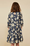 GY8813 Navy Girls Floral Print Tiered Cinch Sleeve Dress Back