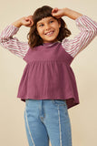 GY8821 Purple Girls Mix Media Contrast Sleeve Gauze Top Front