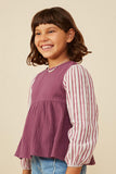 GY8821 Purple Girls Mix Media Contrast Sleeve Gauze Top Side