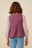 GY8821 Purple Girls Mix Media Contrast Sleeve Gauze Top Back