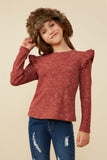 GY8826 RUST Girls Washed Ruffled Knit Top Front