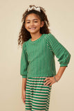 GY8833 Green Girls Textured Vertical Stripe Knit Top Front 2