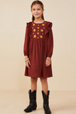 GY8847 Burgundy Girls Ruffle Detail Floral Embroidered Dress Front 2