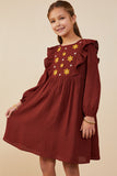 GY8847 Burgundy Girls Ruffle Detail Floral Embroidered Dress Side