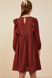 GY8847 Burgundy Girls Ruffle Detail Floral Embroidered Dress Back