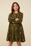 GY8851 Olive Girls Embroidered Ditsy Floral Buttoned Dress Front