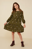 GY8851 Olive Girls Embroidered Ditsy Floral Buttoned Dress Pose