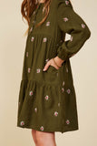 GY8851 Olive Girls Embroidered Ditsy Floral Buttoned Dress Detail