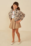 GY8863 Mocha Girls Floral Print Stretch Twill Puff Sleeve Jacket Pose