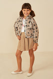 GY8863 Mocha Girls Floral Print Stretch Twill Puff Sleeve Jacket Pose 2