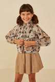 GY8863 Mocha Girls Floral Print Stretch Twill Puff Sleeve Jacket Front