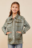 GY8865 Olive Girls Washed Patch Pocket Detail Chore Jacket Front