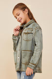 GY8865 Olive Girls Washed Patch Pocket Detail Chore Jacket Side