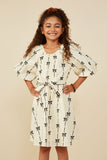 GY8870 Ivory Girls All Over Bow Print Belted Dress Front