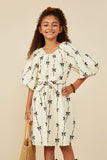 GY8870 Ivory Girls All Over Bow Print Belted Dress Front 2