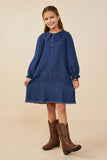 GY8880 Mid Denim Girls Peter Pan Collared Cinch Cuff Chambray Dress Front 2