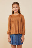 GY8894 Camel  Girls Vegan Suede Smocked Baby Doll Top Front