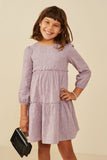 GY8900 Lavender Girls Floral Textured Button Back Ruffle Tiered Dress Front