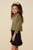 GY8907 Olive Girls Textured Knit Drop Shoulder Turtleneck Top Side