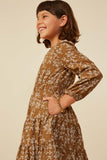 GY8909 BROWN Girls Notch Detail Long Sleeve Floral Embroidered Dress Side