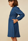 GY8923 Mid Denim Girls Collared Long Sleeve Chambray Dress Side