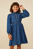 GY8923 Mid Denim Girls Collared Long Sleeve Chambray Dress Front 2