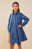 Bow Printed Buttoned Denim Dress