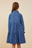 GY8933 Mid Denim Girls Bow Printed Buttoned Denim Dress Back