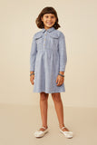 GY8986 Dusty Blue Girls Vegan Suede Chest Pocket Collared Dress Pose