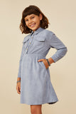 GY8986 Dusty Blue Girls Vegan Suede Chest Pocket Collared Dress Side