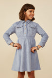 GY8986 Dusty Blue Girls Vegan Suede Chest Pocket Collared Dress Front