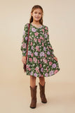 GY9010 Olive  Girls Romantic Floral Smocked Cuff Dress Front 2