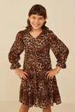 GY9036 Leopard Girls Leopard Print Cinch Cuff Tiered V Neck Dress Front