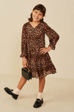 GY9036 Leopard Girls Leopard Print Cinch Cuff Tiered V Neck Dress Pose